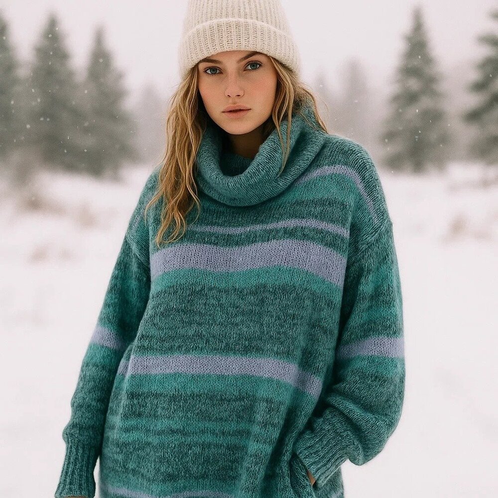 Free People Teal and Gray Cowl Neck Sweater